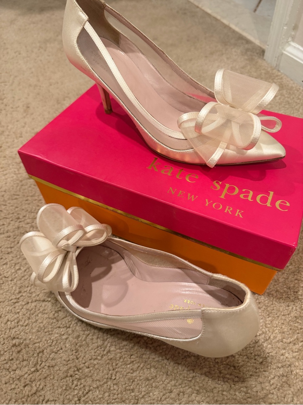 Kate Spade Cream Satin Pointed-Toe Pumps with Bow Accent